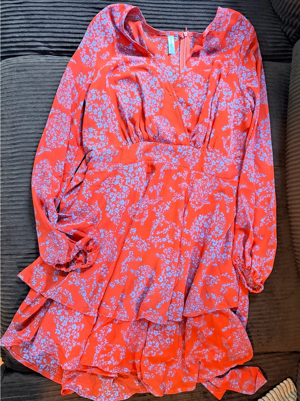 Floral Coral-Red Long-Sleeve Tiered Mini Dress
